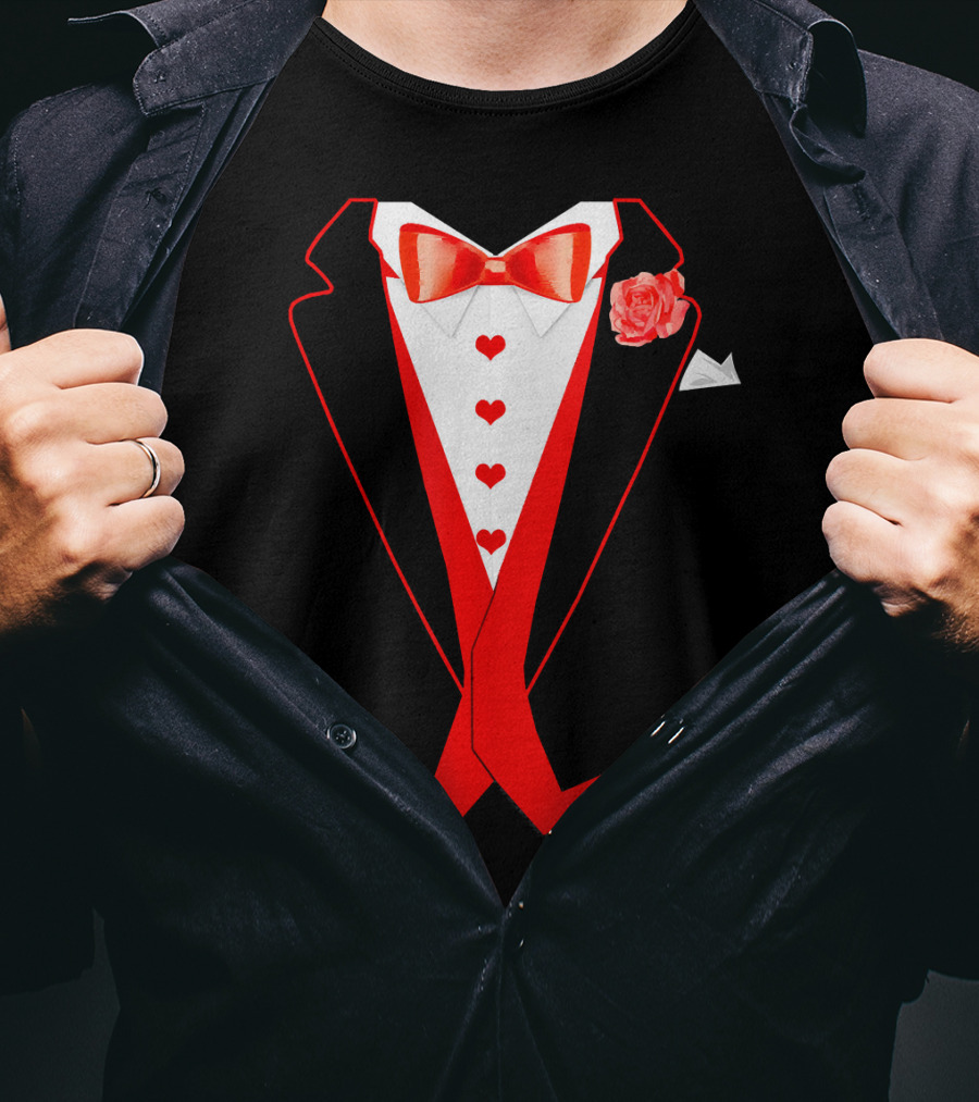 Tuxedo Red Hearts Cool Funny Valentines Bow Tie Rose T-Shirt