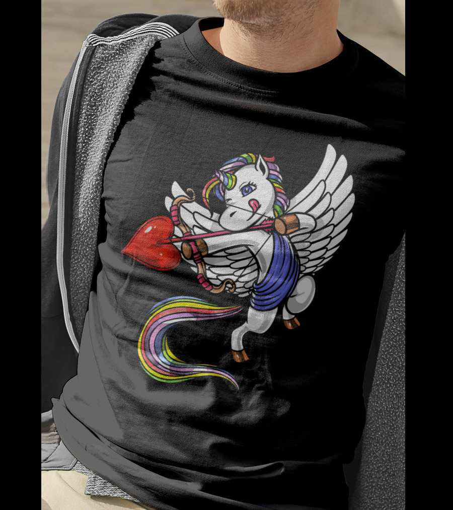 Unicorn Cupid Heart Valentines Day Rainbow Pegasus T-Shirt