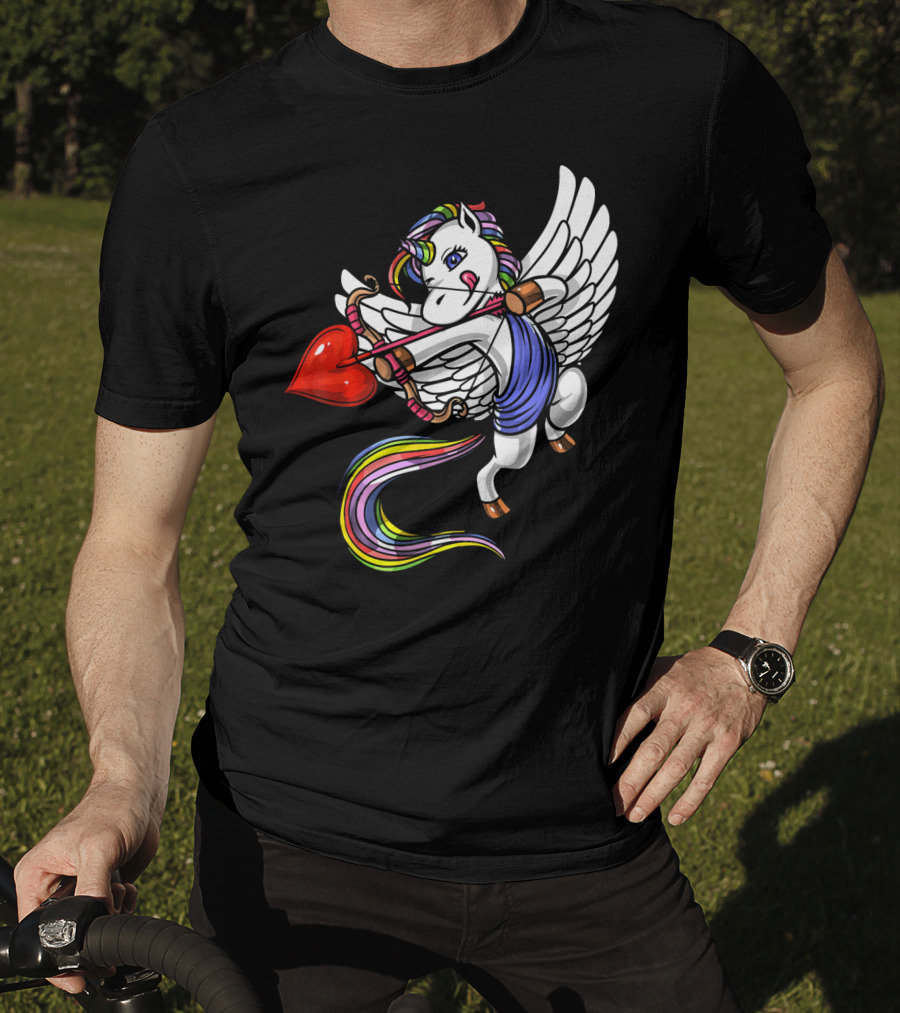 Unicorn Cupid Heart Valentines Day Rainbow Pegasus T-Shirt