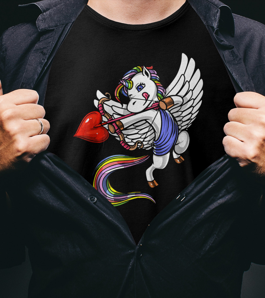 Unicorn Cupid Heart Valentines Day Rainbow Pegasus T-Shirt