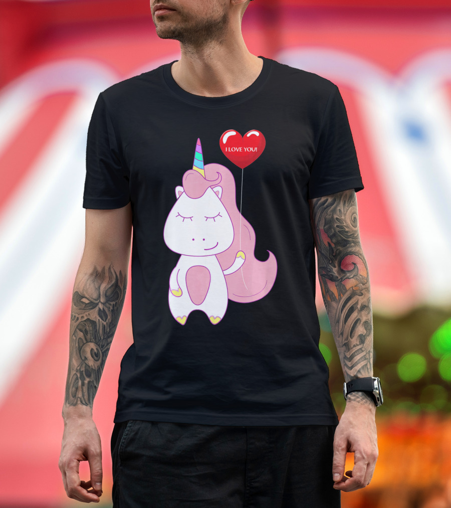 Unicorn Holding Heart Balloon With I Love You Message Valentine T-Shirt