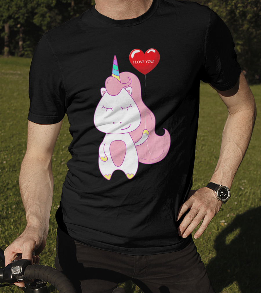 Unicorn Holding Heart Balloon With I Love You Message Valentine T-Shirt