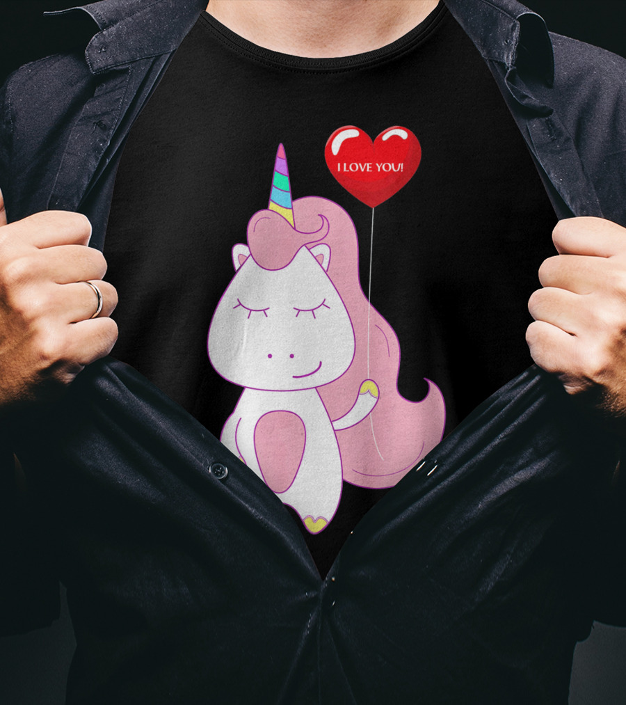 Unicorn Holding Heart Balloon With I Love You Message Valentine T-Shirt