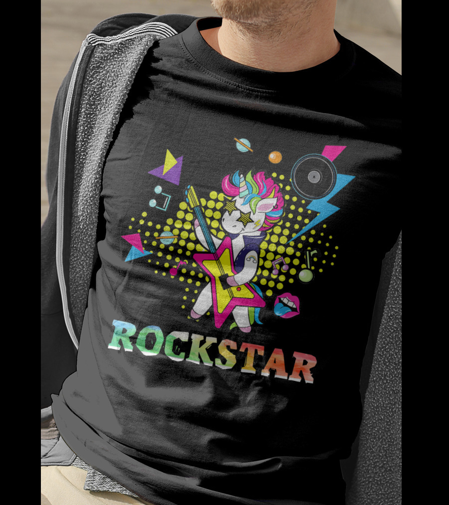 Unicorn Rock Star With Guitar Colorful Music Elements And Neon Symbols T-Shirt