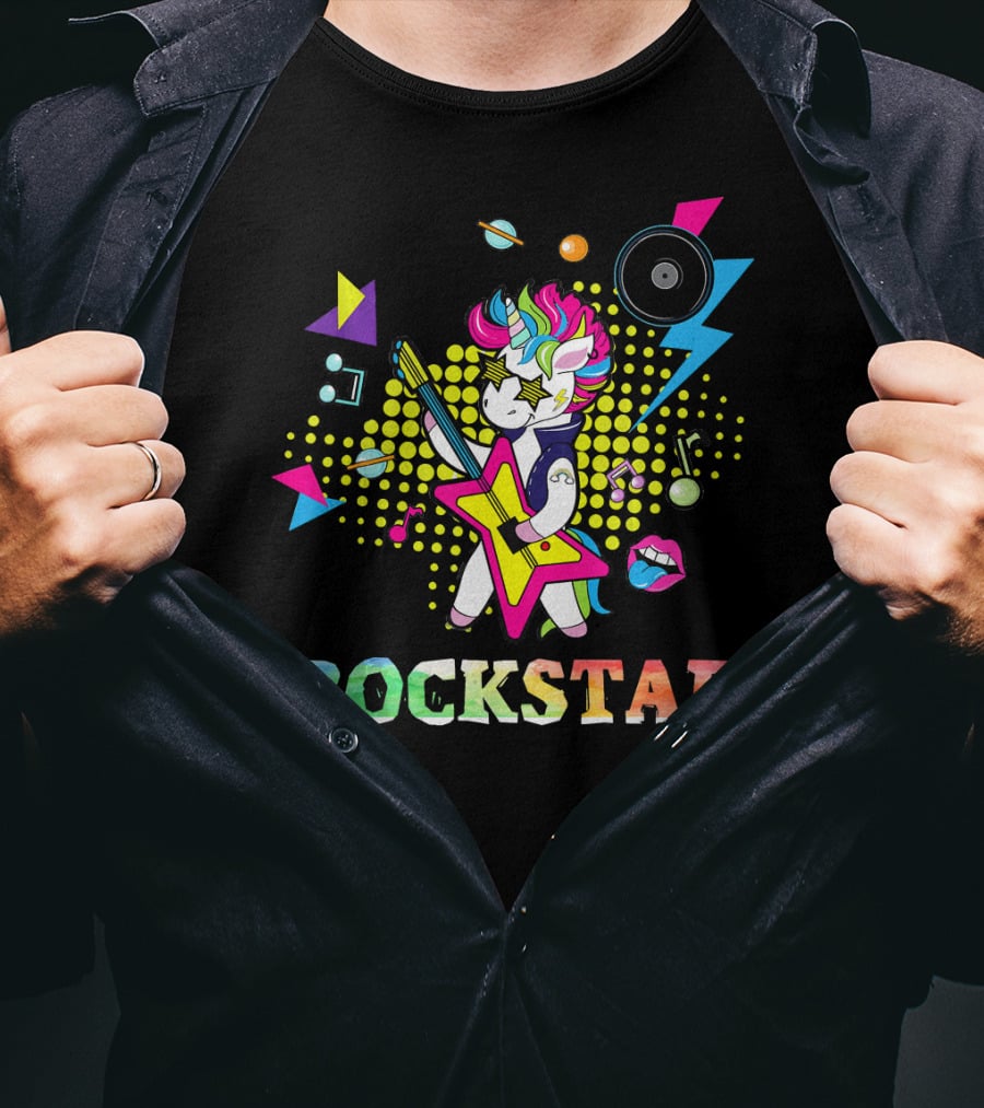 Unicorn Rock Star With Guitar Colorful Music Elements And Neon Symbols T-Shirt