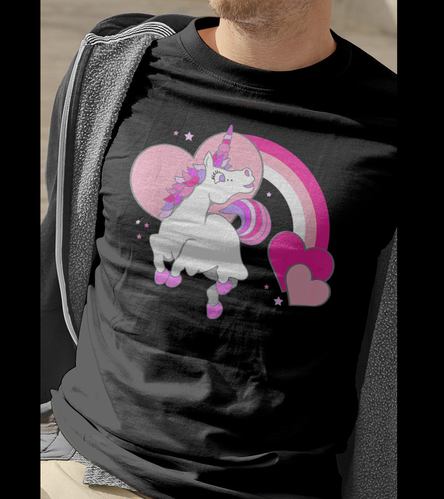 Unicorn Valentines Day Heart Rainbow Pink Stars T-Shirt