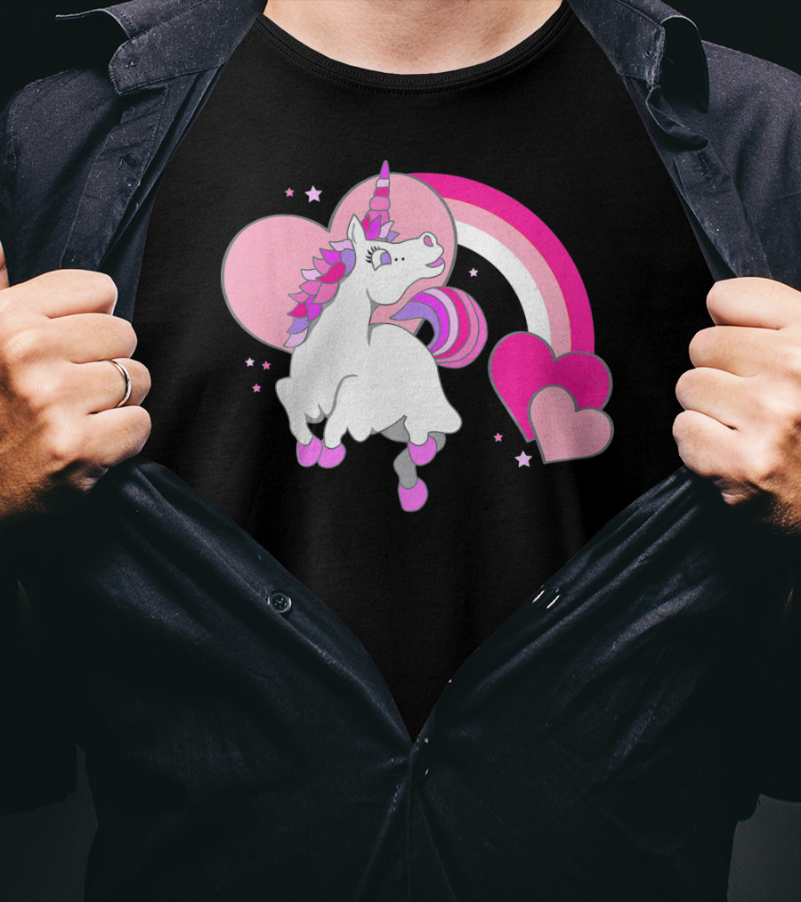 Unicorn Valentines Day Heart Rainbow Pink Stars T-Shirt