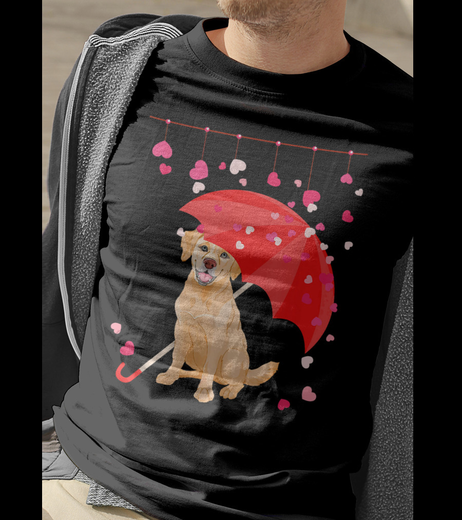Labrador Retriever Under Umbrella With Falling Hearts Valentine's Day T-Shirt