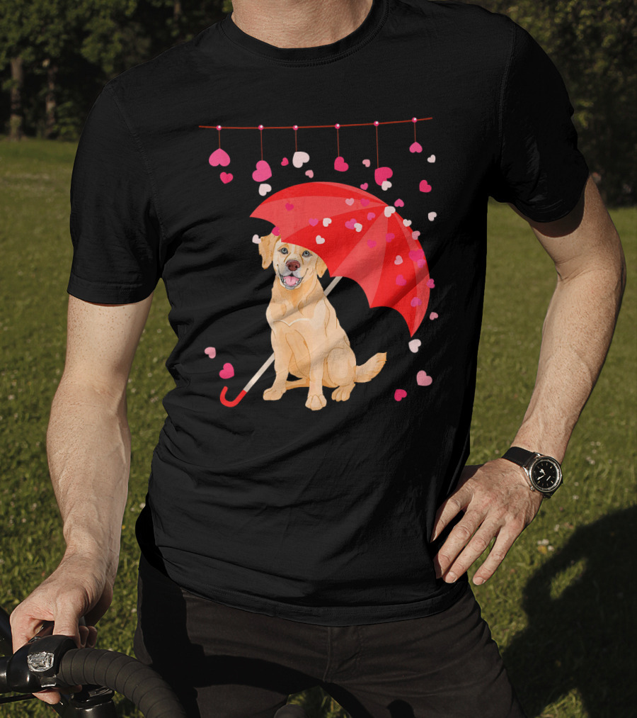Labrador Retriever Under Umbrella With Falling Hearts Valentine's Day T-Shirt