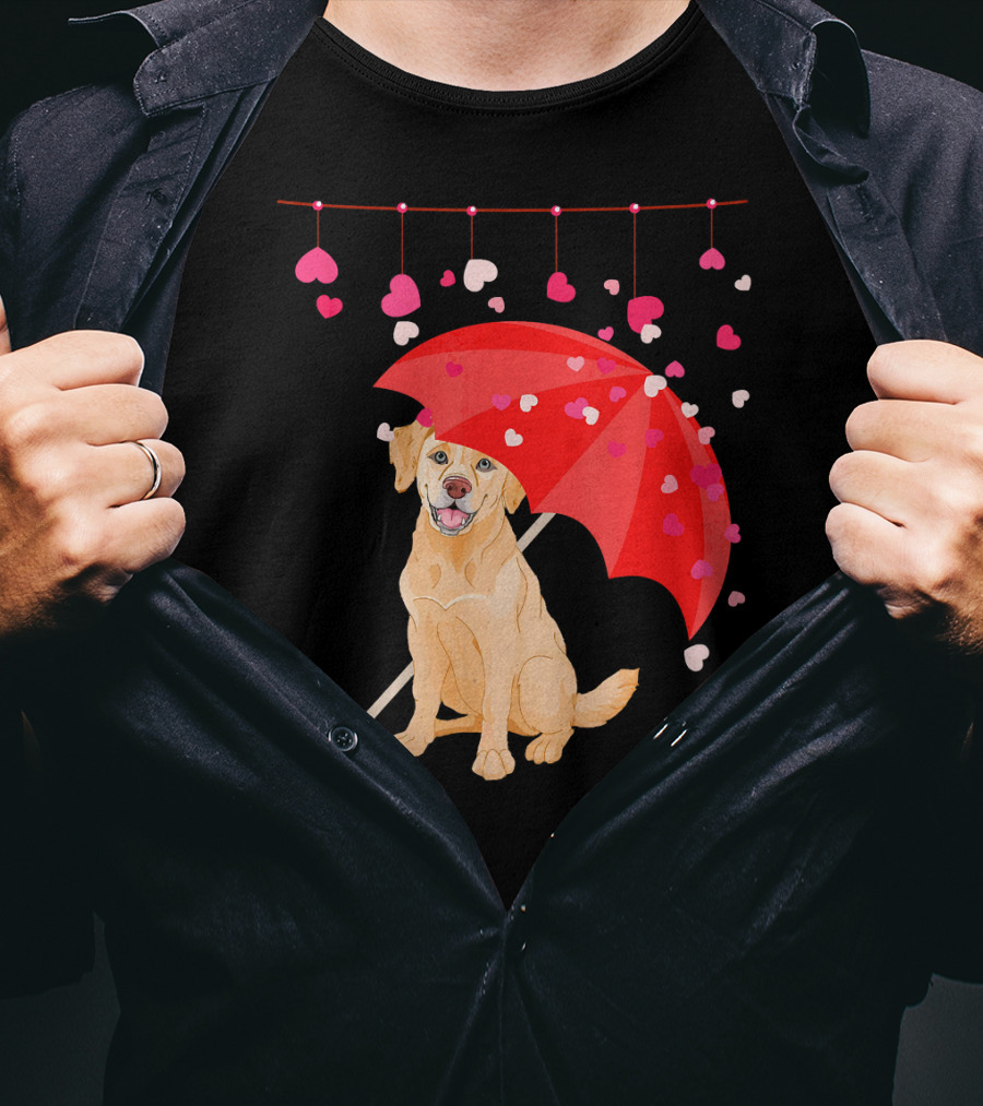 Labrador Retriever Under Umbrella With Falling Hearts Valentine's Day T-Shirt