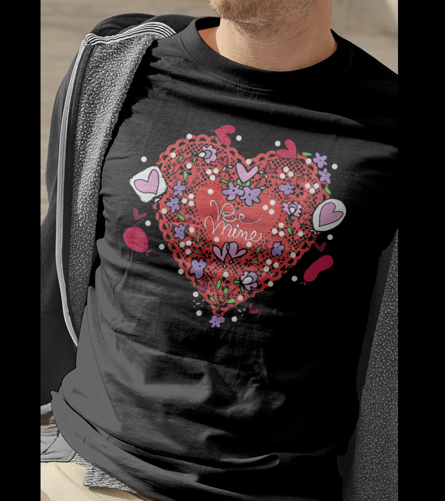 Be Mine Lace Hearts Balloons Flowers T-Shirt