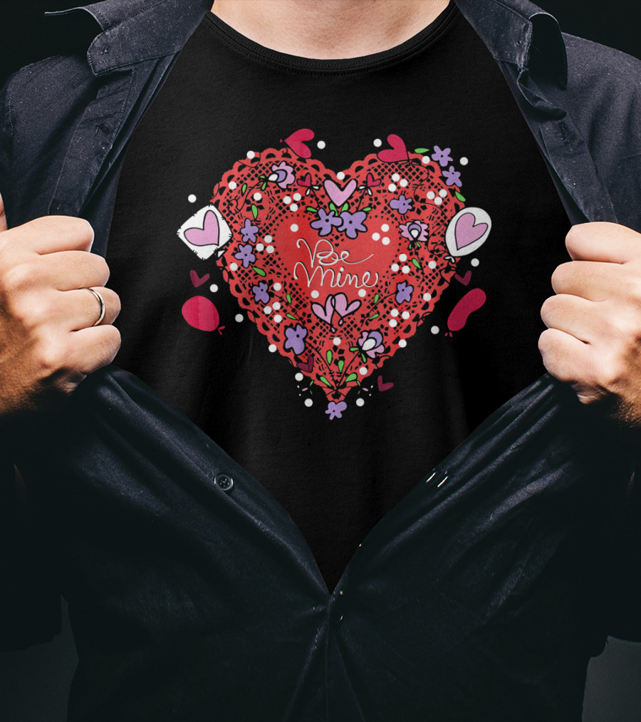 Be Mine Lace Hearts Balloons Flowers T-Shirt