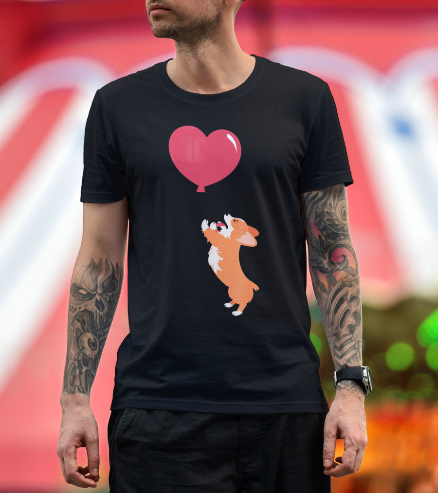 Little Corgi Puppy Dog Reaching for Red Heart Balloon T-Shirt