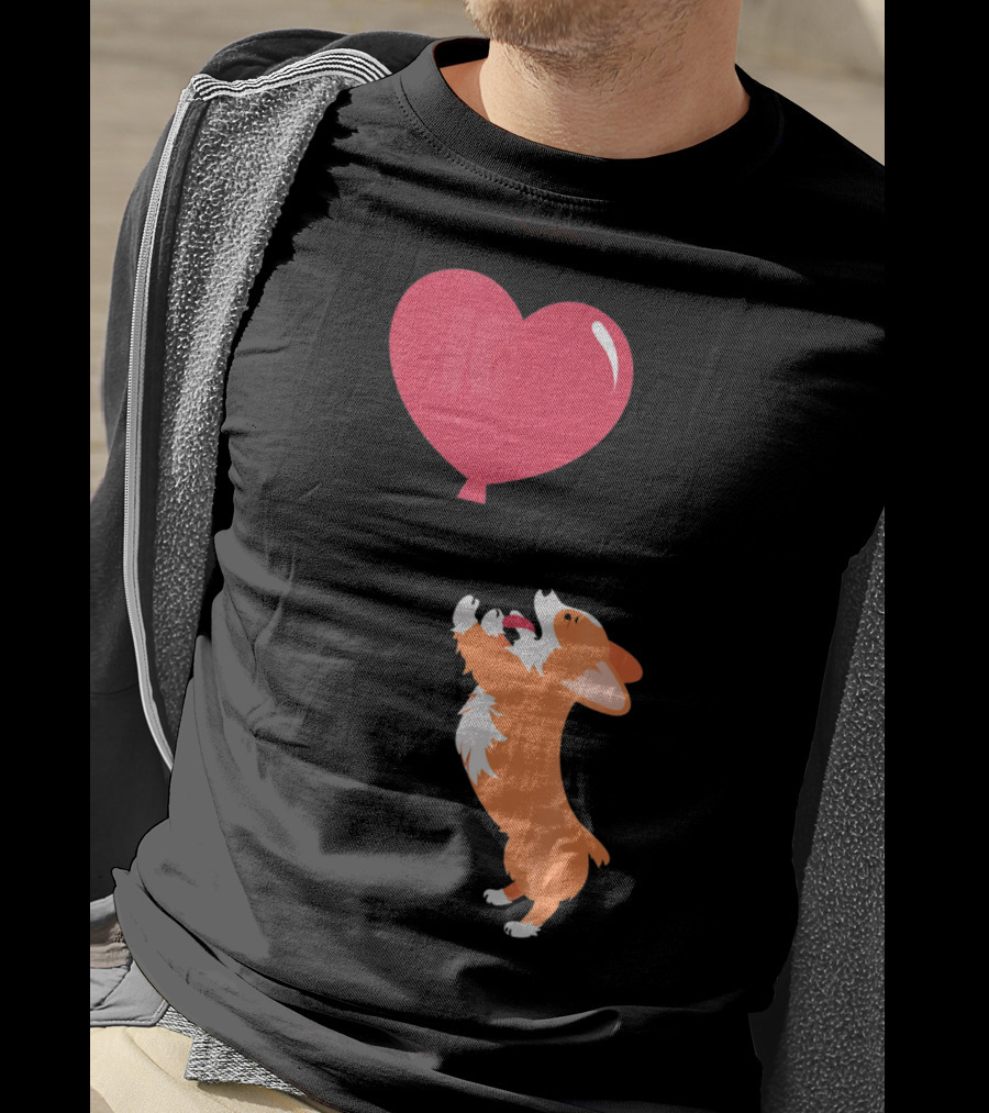 Little Corgi Puppy Dog Reaching For Red Heart Balloon T-Shirt