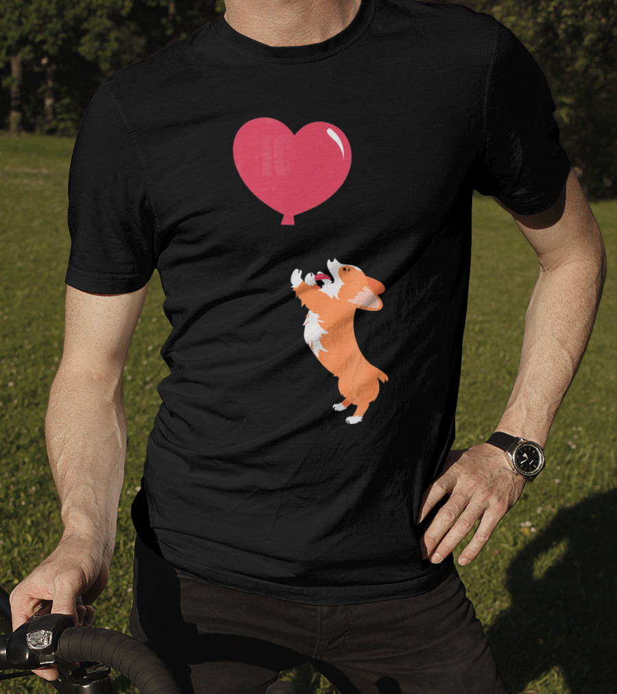 Little Corgi Puppy Dog Reaching For Red Heart Balloon T-Shirt