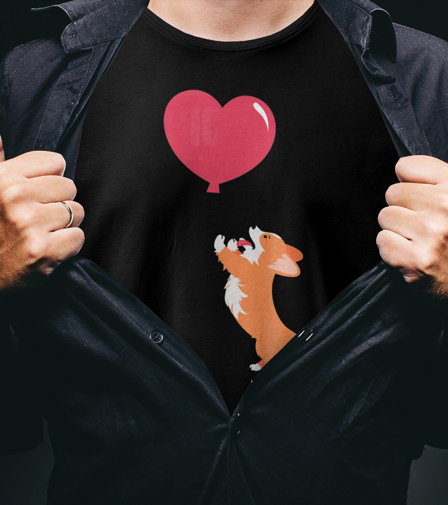 Little Corgi Puppy Dog Reaching For Red Heart Balloon T-Shirt