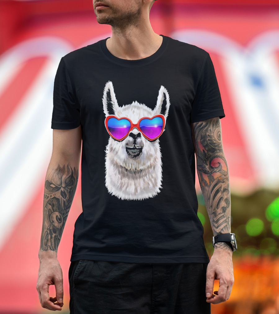 Llama Valentine's Day Heart Sunglasses Fashion T-Shirt