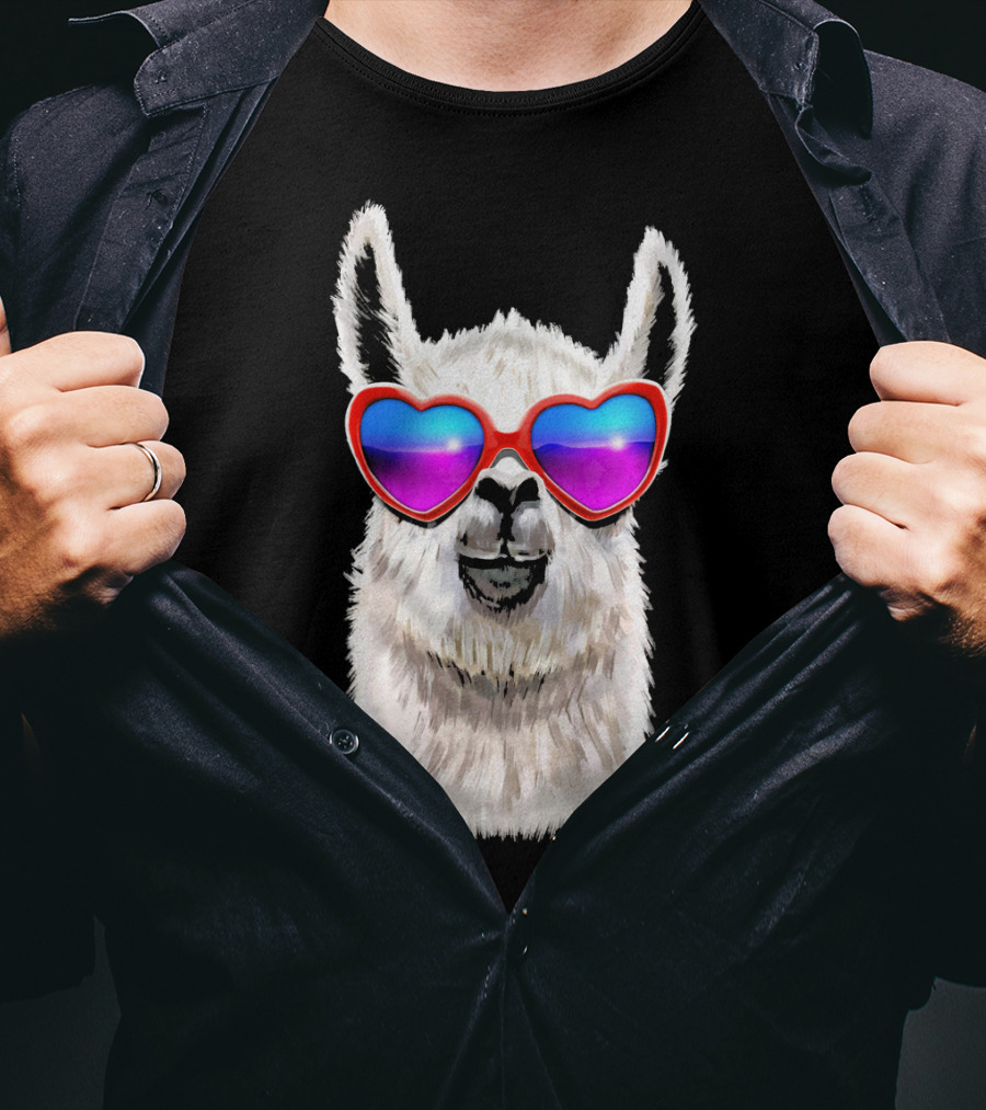Llama Valentine's Day Heart Sunglasses Fashion T-Shirt