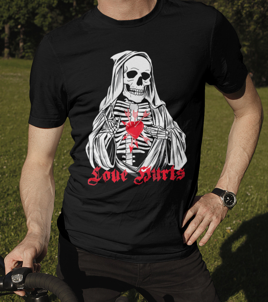 Love Hurts Grim Reaper Skull Heart Arrows Death T-Shirt
