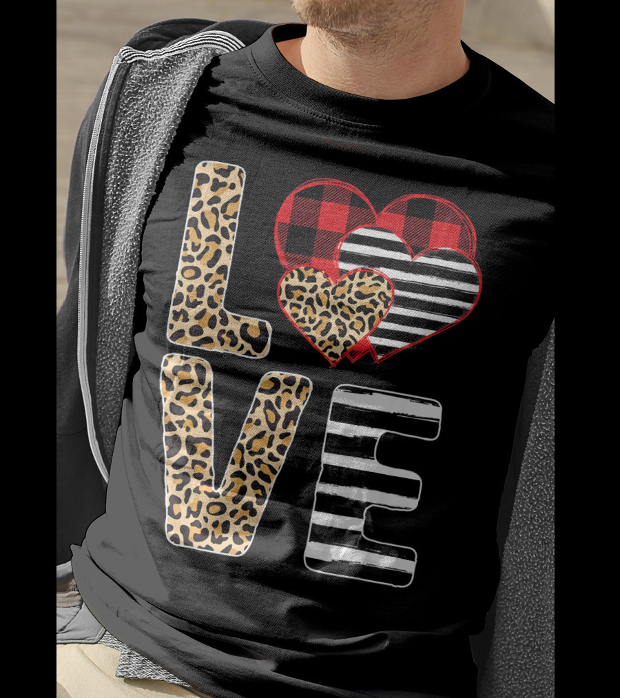Love Valentines Day Hearts Leopard Buffalo Plaid Stripe T-Shirt