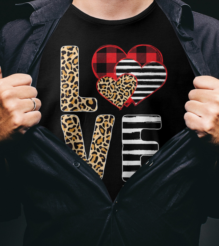 Love Valentines Day Hearts Leopard Buffalo Plaid Stripe T-Shirt