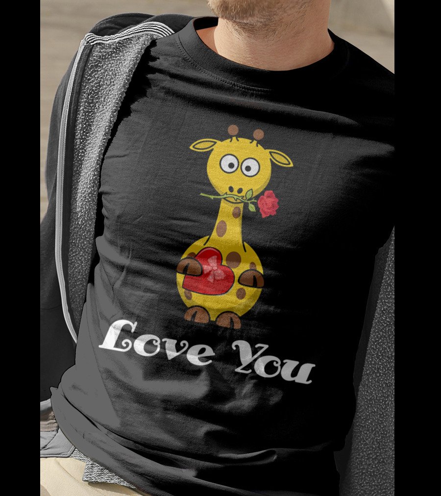Love You Cute Giraffe Holding Rose And Heart Valentine T-Shirt