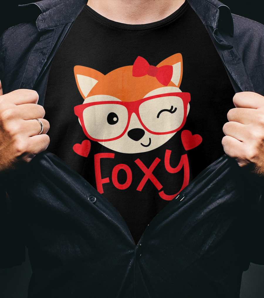 Foxy Cute Winking Fox With Glasses And Bow Valentine Hearts T-Shirt