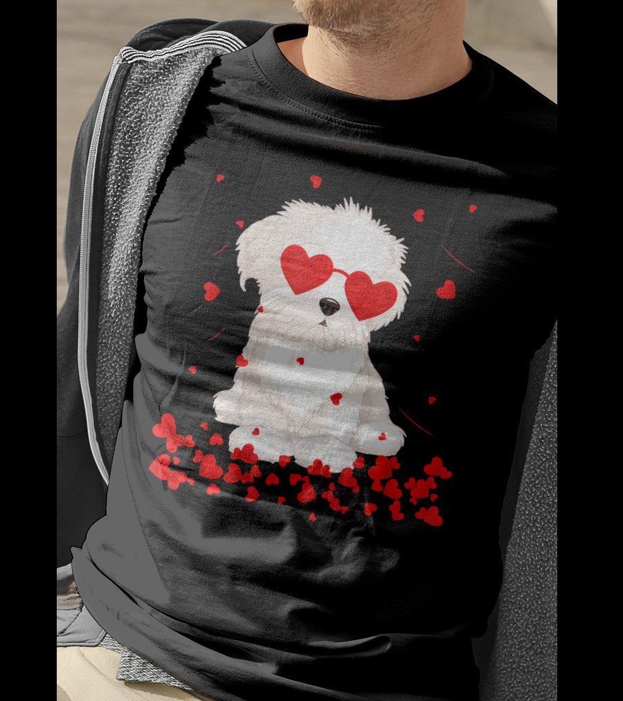 Maltese Dog With Heart Glasses Surrounded By Valentine Hearts T-Shirt