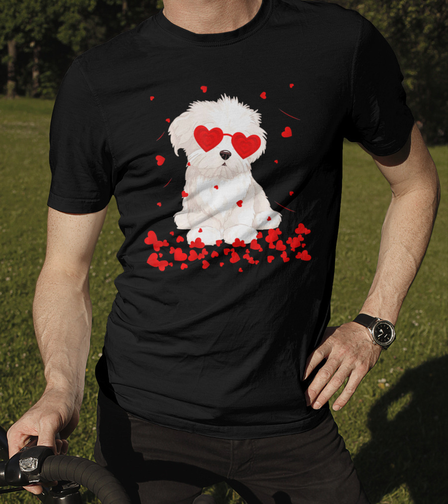 Maltese Dog With Heart Glasses Surrounded By Valentine Hearts T-Shirt