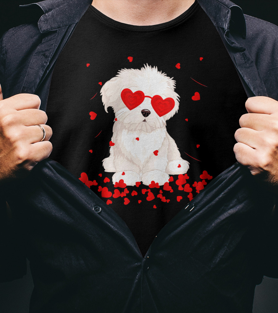Maltese Dog With Heart Glasses Surrounded By Valentine Hearts T-Shirt