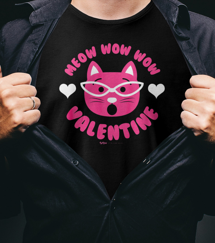 Meow Wow Wow Valentine Cat With Hearts T-Shirt
