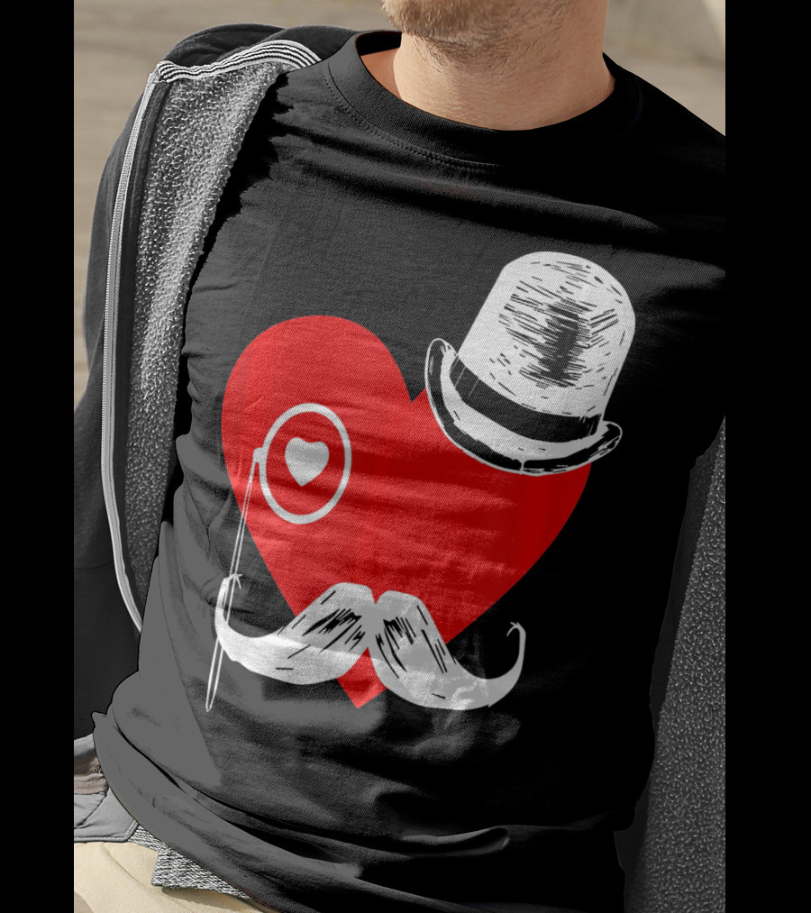 Heart Mustache Monocle Top Hat Valentines Day T-Shirt