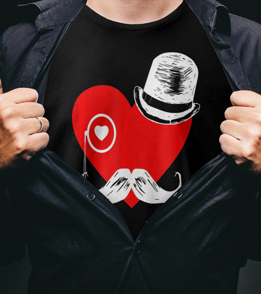 Heart Mustache Monocle Top Hat Valentines Day T-Shirt