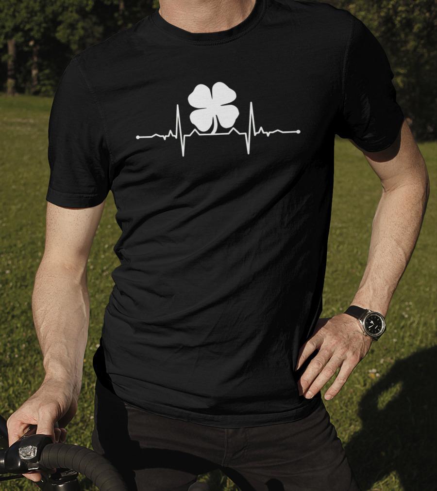 Heartbeat Irish Four Leaf Clover Pulsing EKG Shamrock T-Shirt
