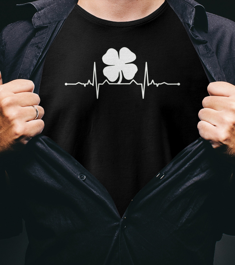 Heartbeat Irish Four Leaf Clover Pulsing EKG Shamrock T-Shirt