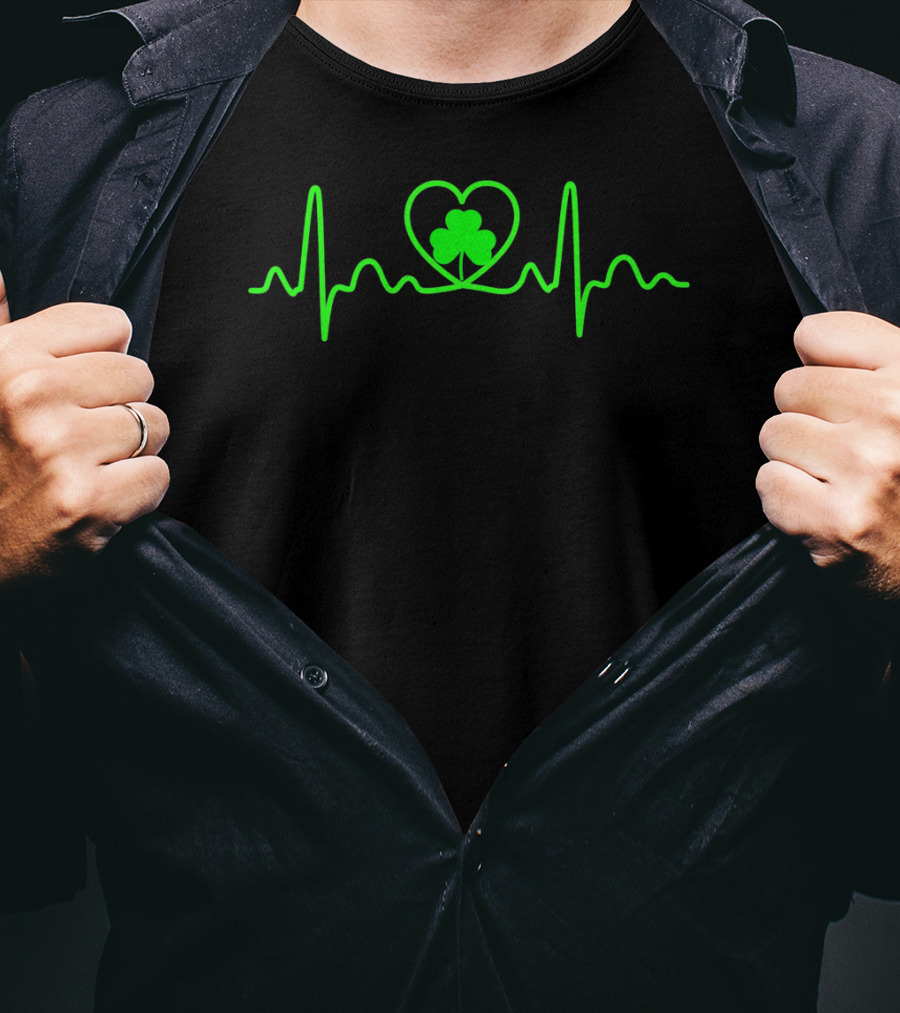 Shamrock Heartbeat Irish Symbol In Green Heart Line T-Shirt