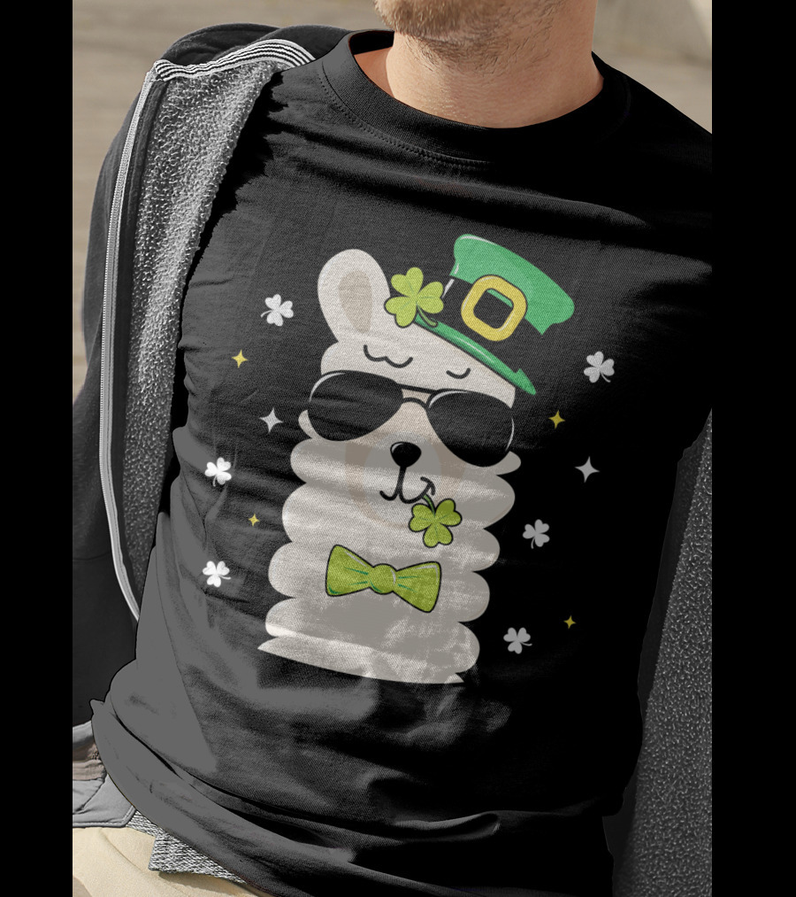 Llama Leprechaun Kids St Patricks Day Clover Hat Sunglasses Bow Tie T-Shirt