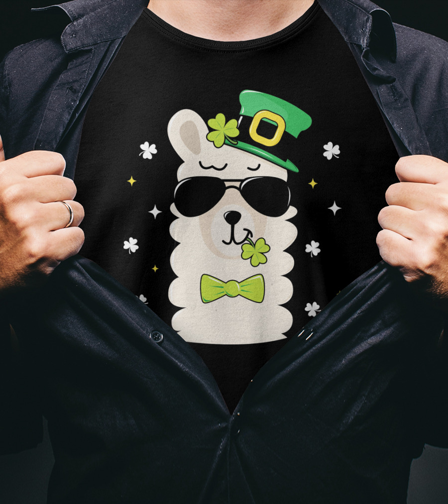 Llama Leprechaun Kids St Patricks Day Clover Hat Sunglasses Bow Tie T-Shirt