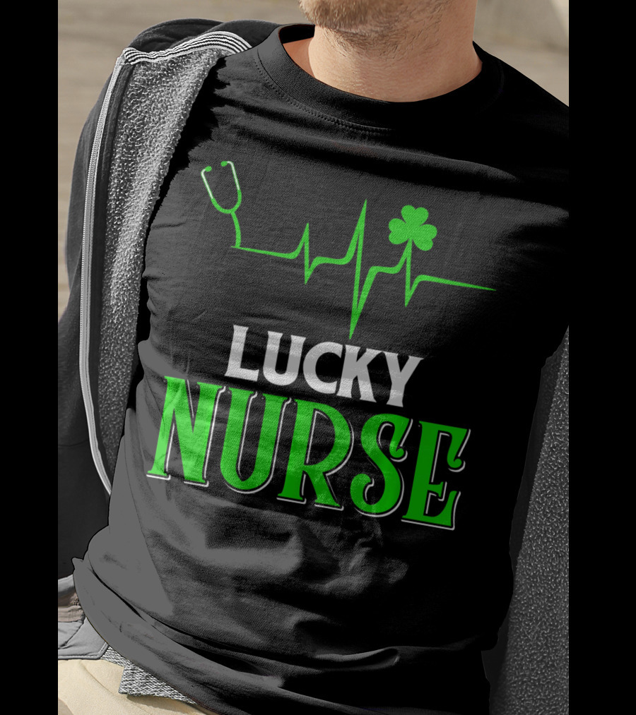 LUCKY NURSE Stethoscope Shamrock Heartbeat T-Shirt