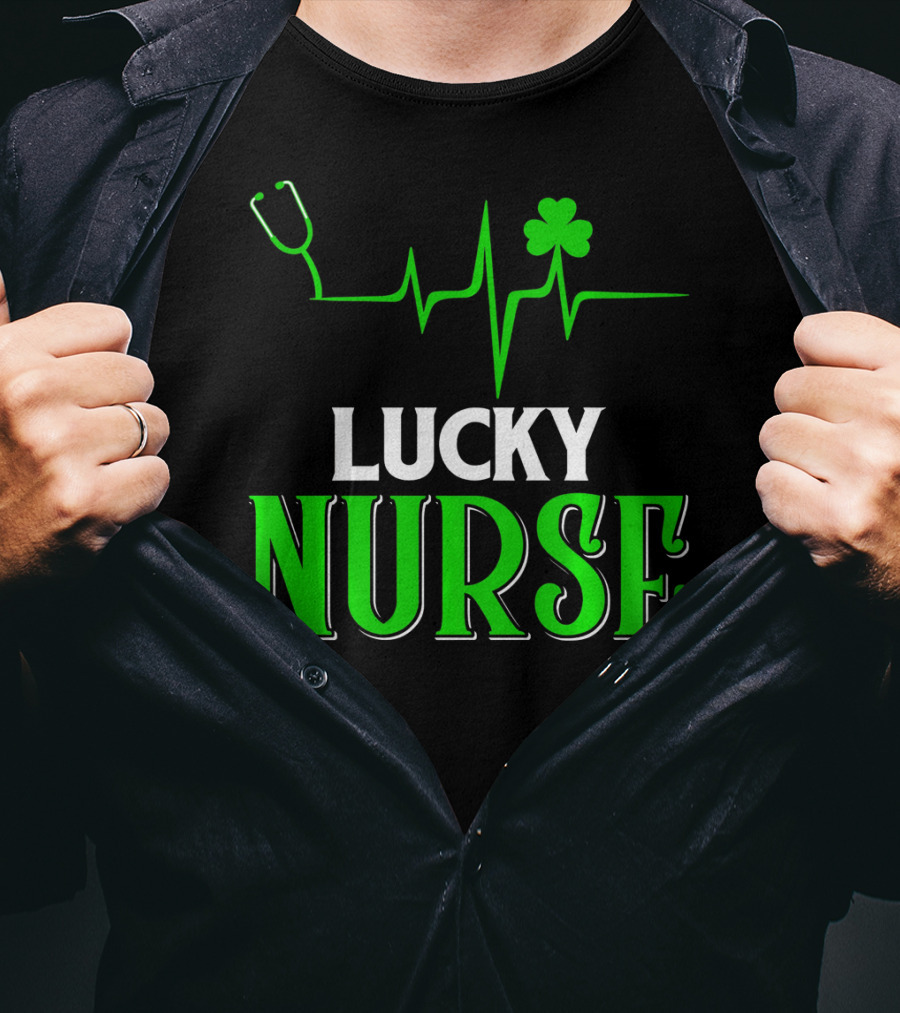 LUCKY NURSE Stethoscope Shamrock Heartbeat T-Shirt