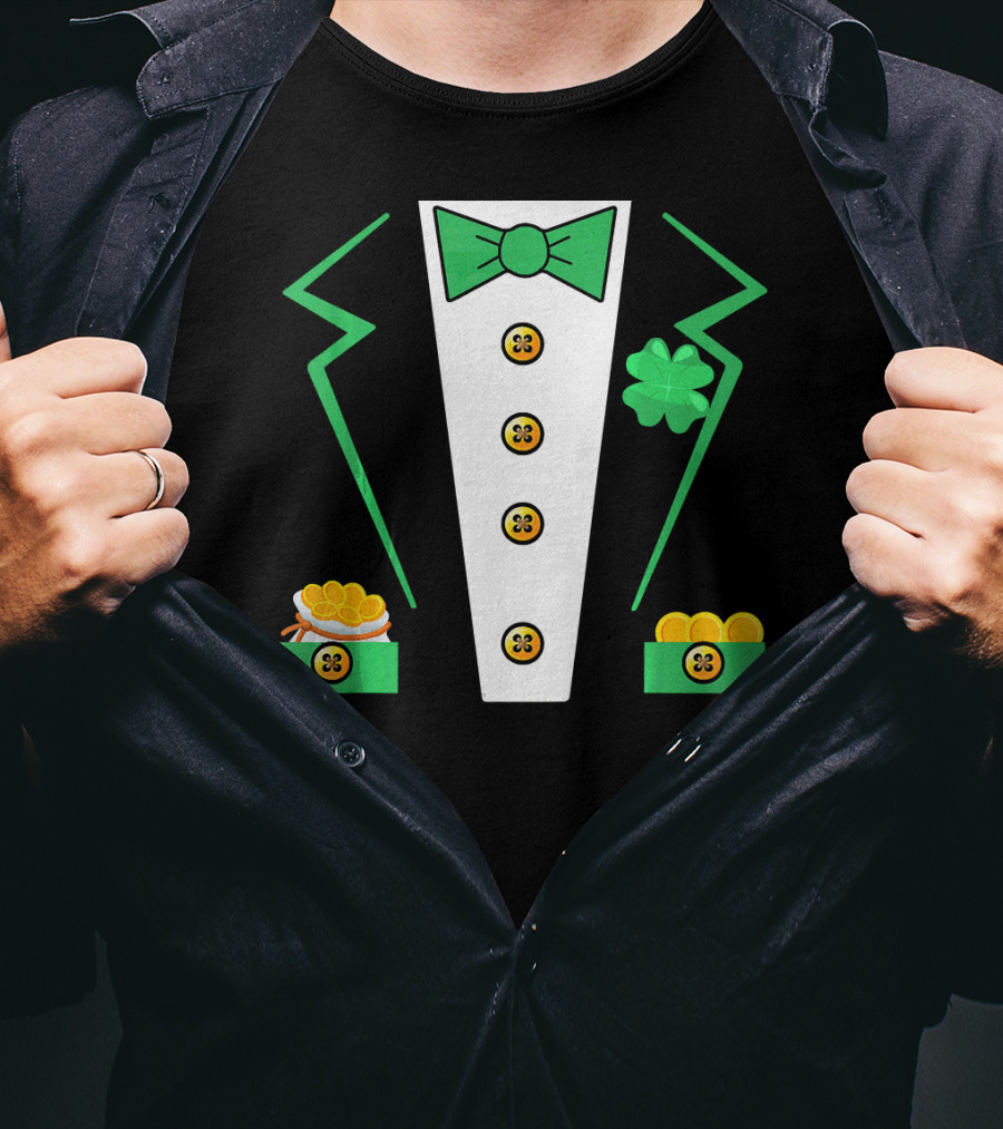 St. Patrick's Day Leprechaun Tuxedo With Shamrock And Coin Boxes T-Shirt