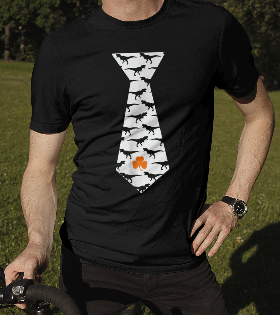 Cool St Patricks Day Dinosaur Tie Clover T-Shirt