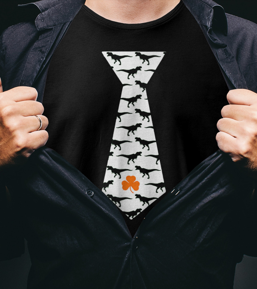 Cool St Patricks Day Dinosaur Tie Clover T-Shirt