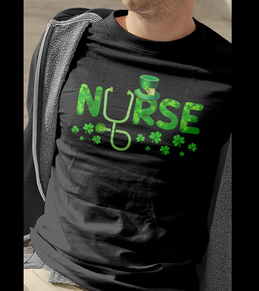 Nurse Shamrock Leprechaun Hat Stethoscope Clover T-Shirt