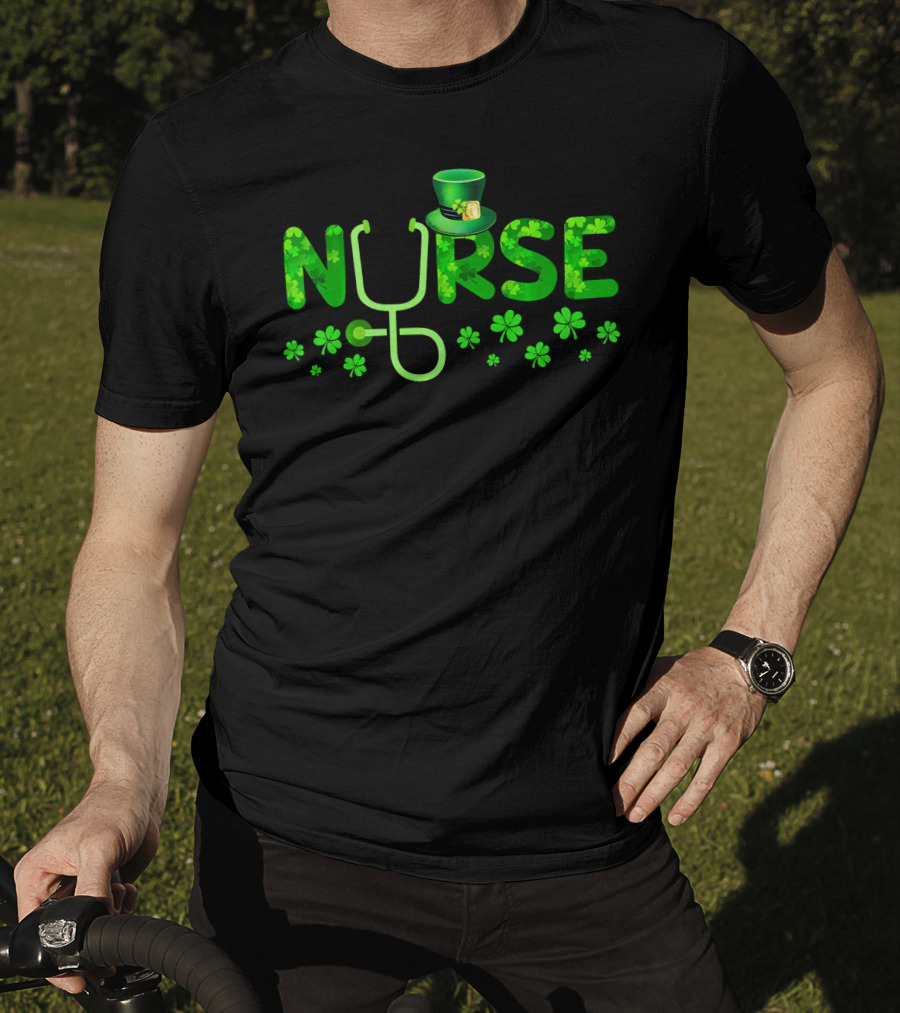 Nurse Shamrock Leprechaun Hat Stethoscope Clover T-Shirt