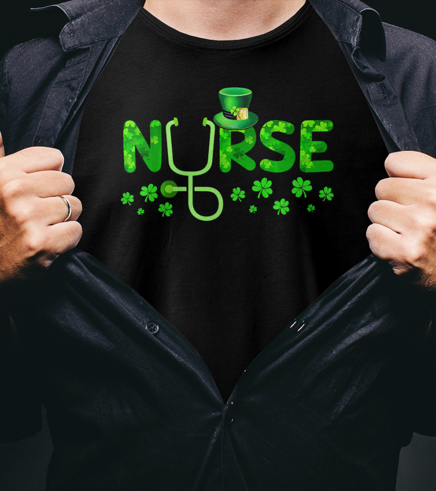 Nurse Shamrock Leprechaun Hat Stethoscope Clover T-Shirt