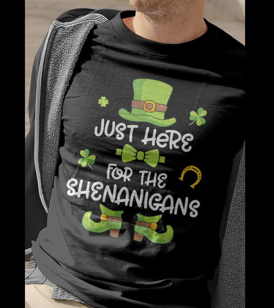 Just Here For The Shenanigans Leprechaun Dance Shamrock Gold T-Shirt