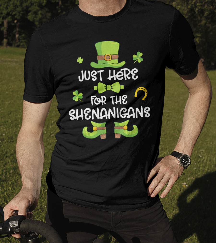 Just Here For The Shenanigans Leprechaun Dance Shamrock Gold T-Shirt