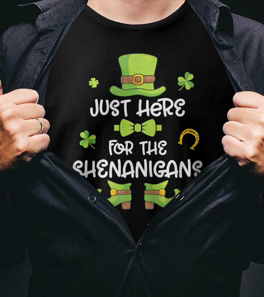Just Here For The Shenanigans Leprechaun Dance Shamrock Gold T-Shirt