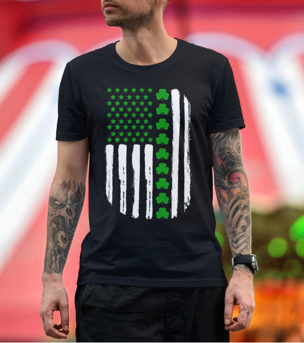 Premium T-Shirt: USA Flag with Green 4 Leaf Clover for St. Patrick Day T-Shirt USA Flag with Green 4 Leaf Clover for St. Patrick Day T-Shirt